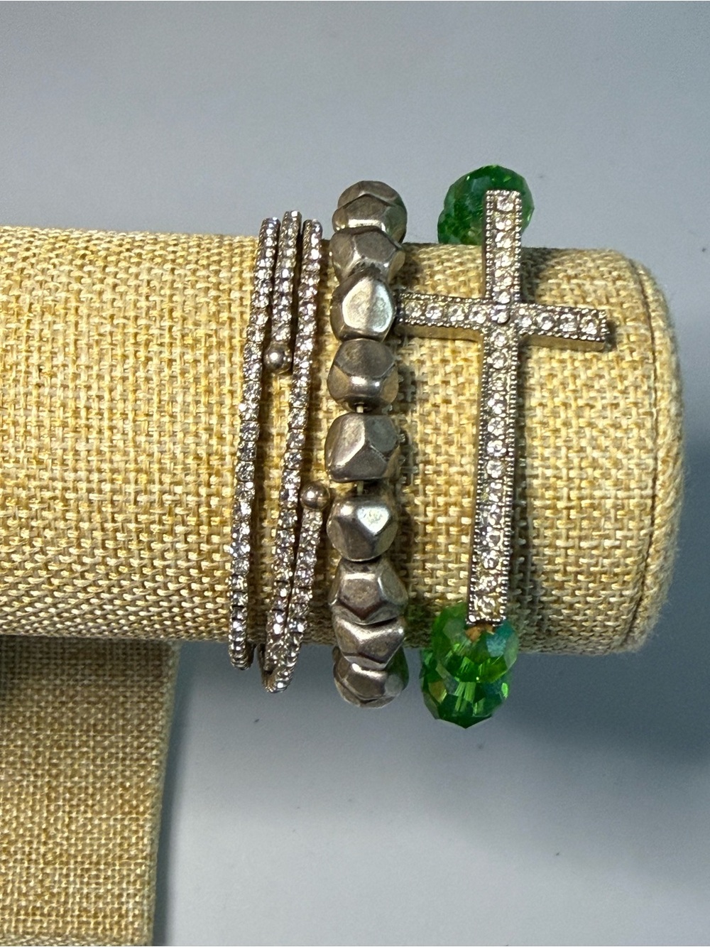 Personally Curated Rhinestone Cross & Bead Bracelet Set - Green and Silver B6